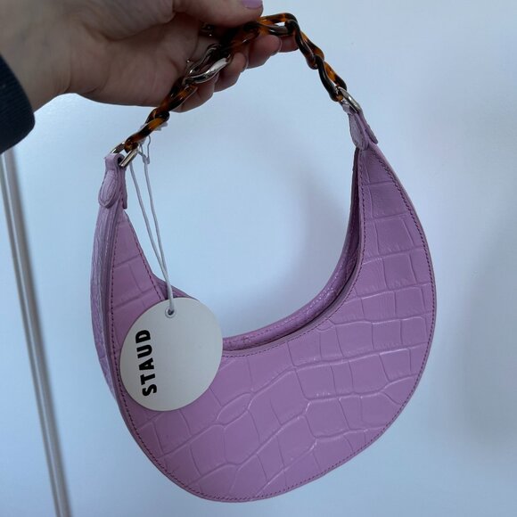 NWT Staud Top Handle Bag In Lilac Croco Embossed Leather Tortoise Shell Chain - Picture 1 of 9